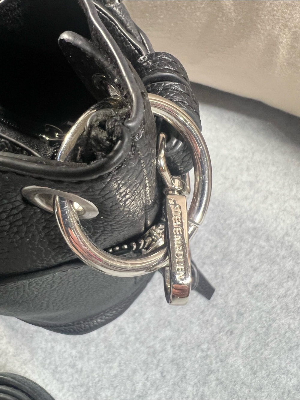 Steve Madden Black Pebbled Faux Leather Stud-Trim Bucket Bag - Picture 8 of 16